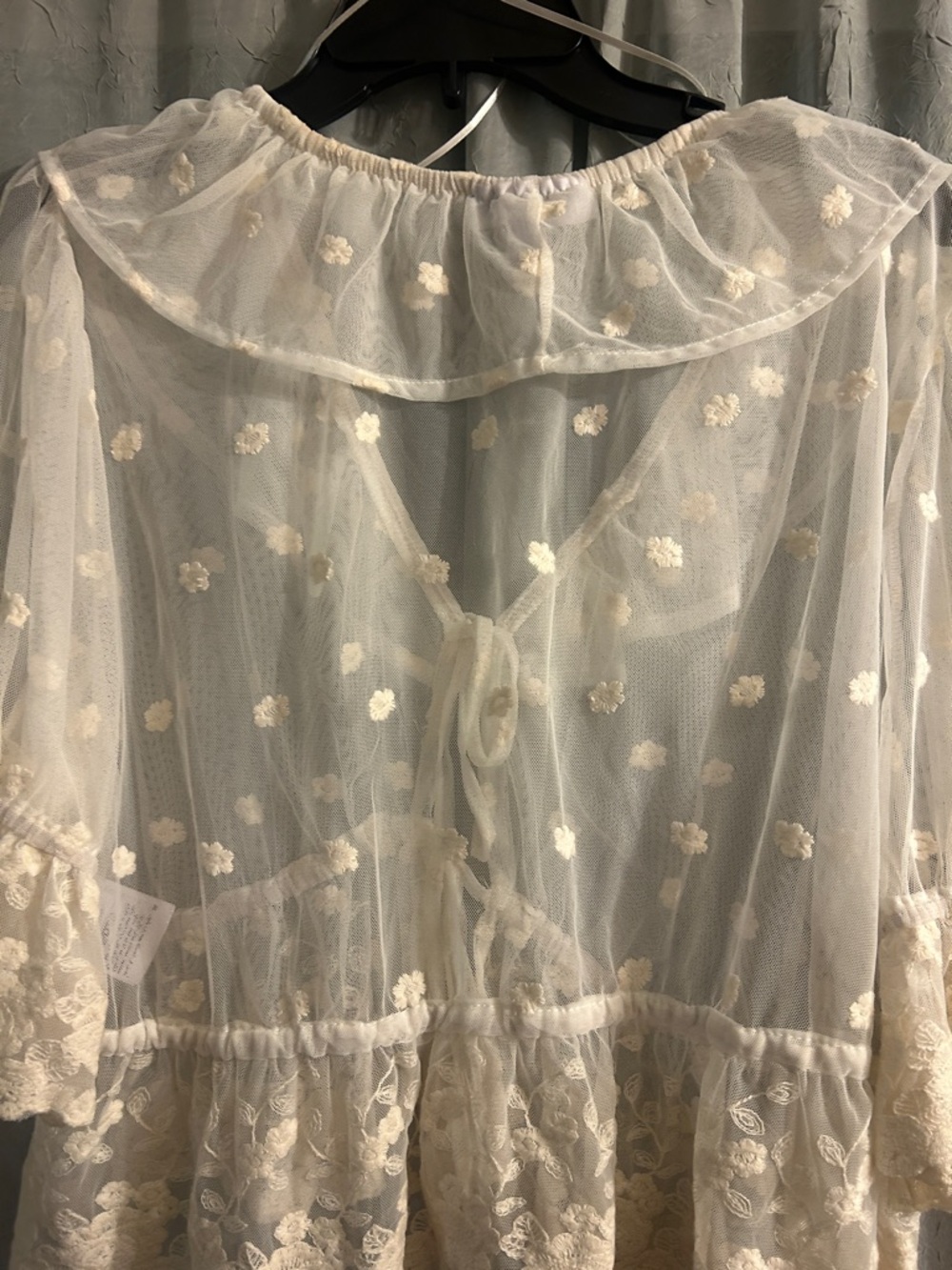 Sheer Ivory Lace Ruffle Tie-Front Blouse - Picture 6 of 6